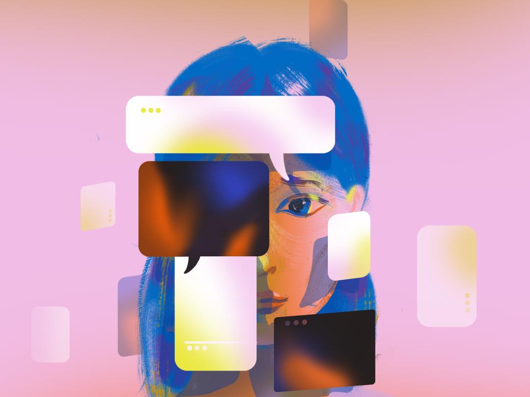 Illustratie van een gezicht met allerlei schermen ervoor