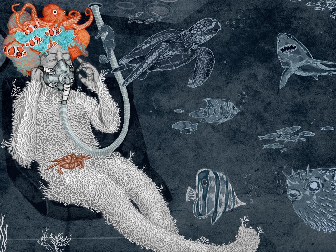 Iemand die onder water een zuurstofmasker draagt