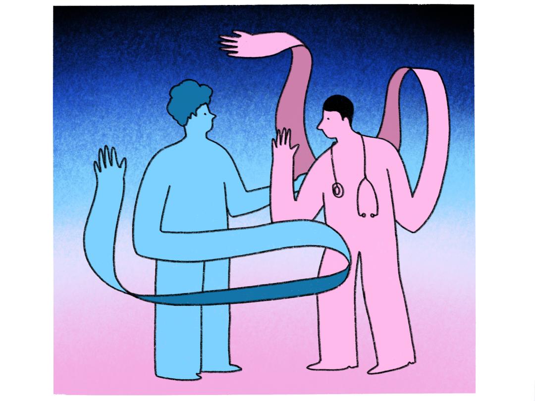 Illustratie van arts en patiënt met hele lange armen