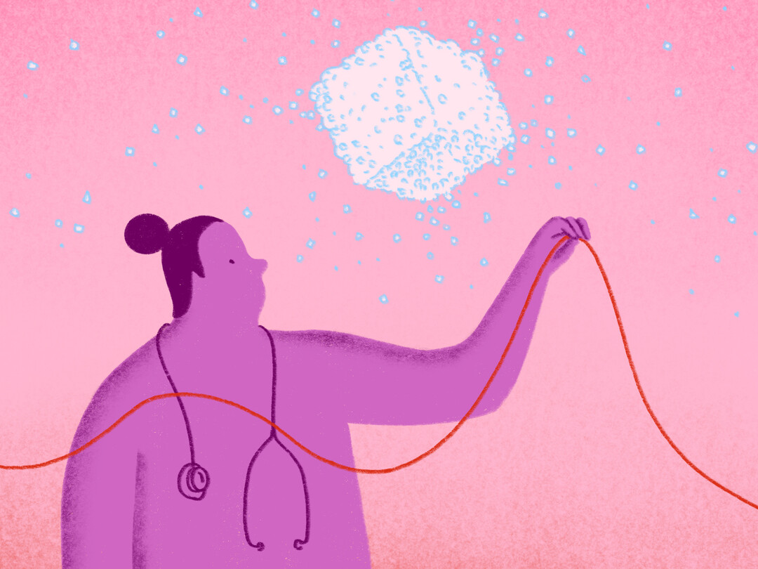 Vrouw met suikerklontje en een rode  draad