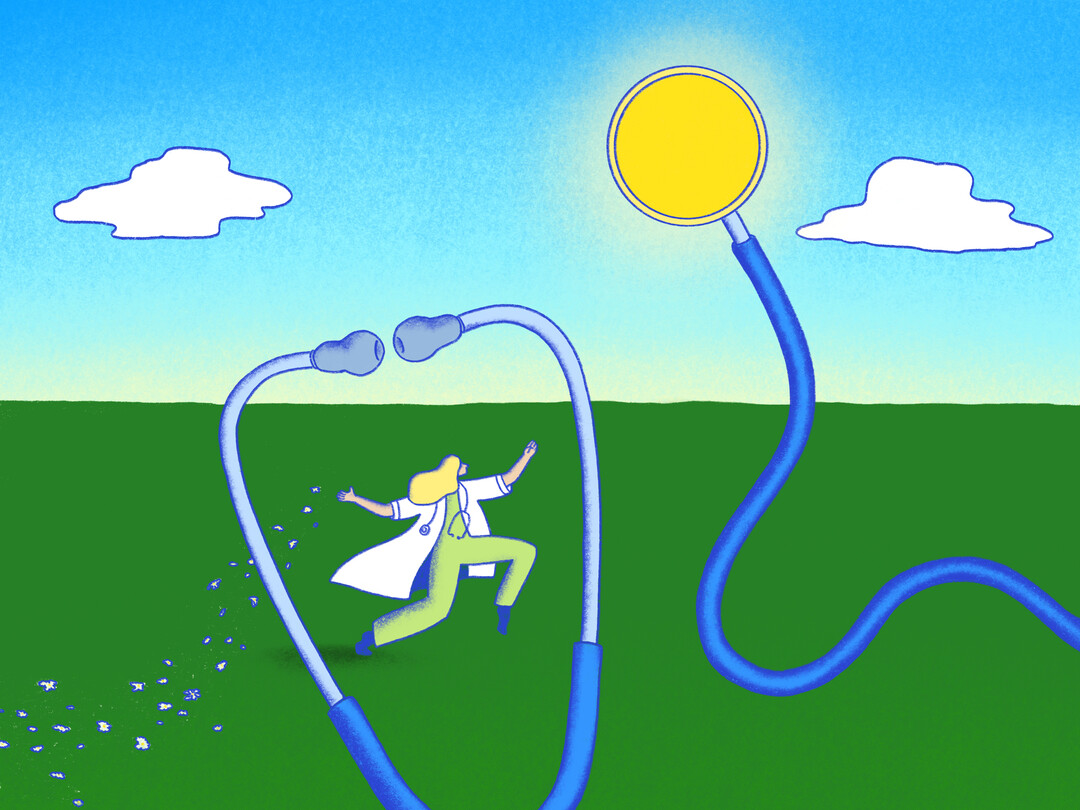 Illustratie van een stethoscoop waarvan het luisterstuk een zon is