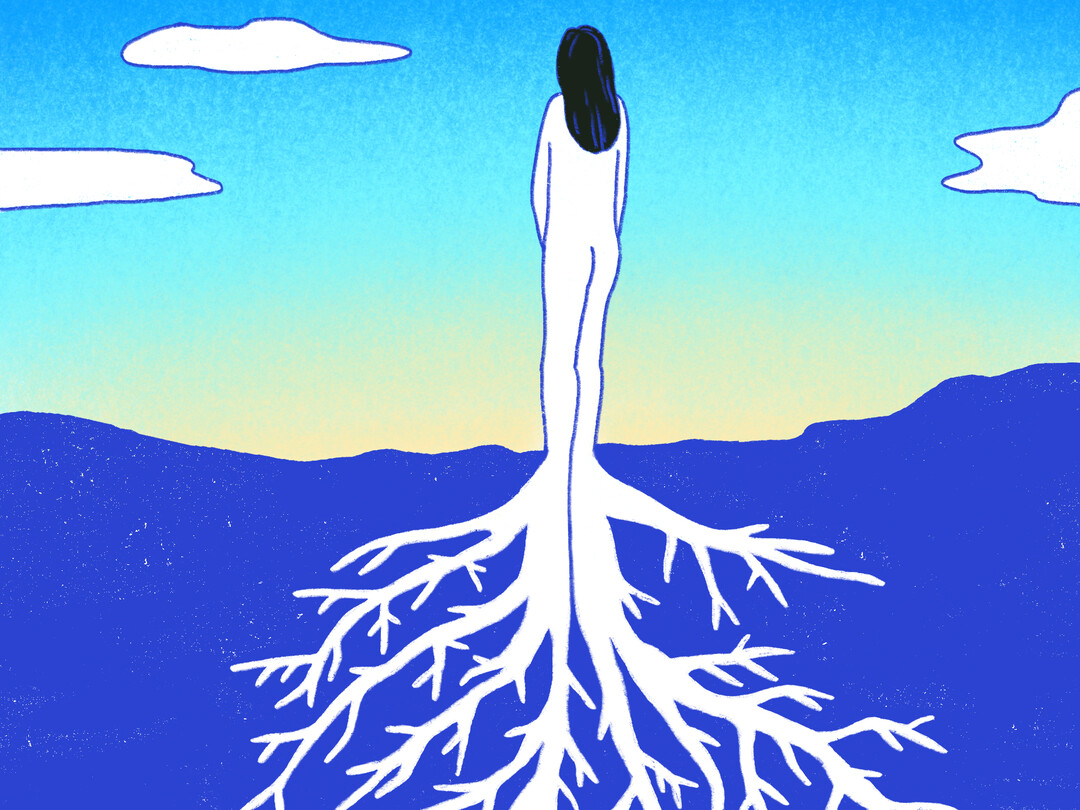 Illustratie: vrouw met voeten die wortelen in de aarde