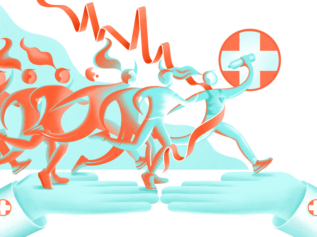 Illustratie van mensen die naar medische zorg rennen