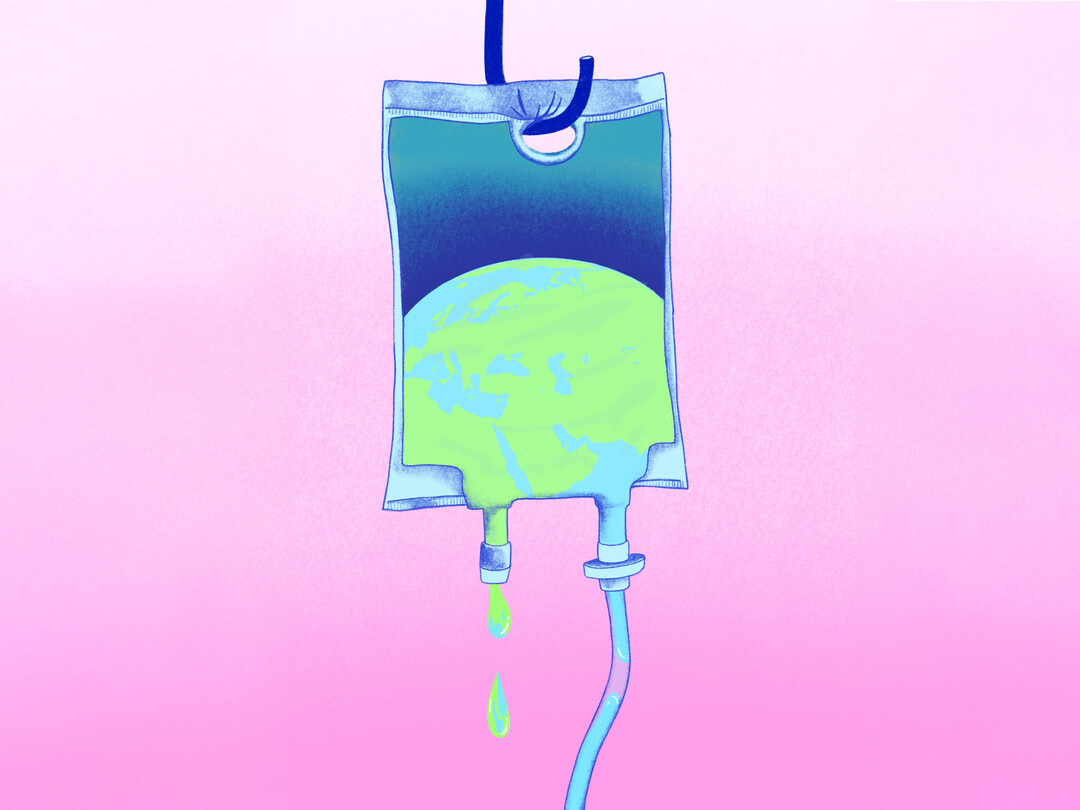 Geïllustreerd infuus waaruit een vloeistof lekt. Binnen in het infuus zit een wereldbol afgebeeld.
