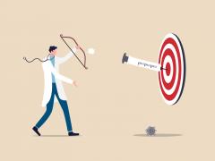 Illustratie van een dokter die aan het boogschieten is. In plaats van een pijl, schiet hij een injectiespuit in de roos van het doel.