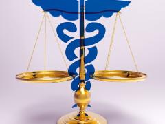 Een weegschaal met het symbool van de caduceus erachter.