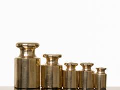 Een set weegschaalgewichten op een rij van groot naar klein.