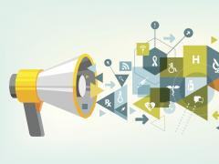 Illustratie van een luidspreker met allerlei verschillende medische symbolen.