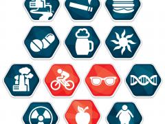 Een groep blauwe en rode minimalistische symbolen van onder andere een fiets, een appel, een zon, een sigaret, een fabriek, en meer.