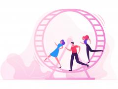 Illustratie van drie mensen in een loopwiel.