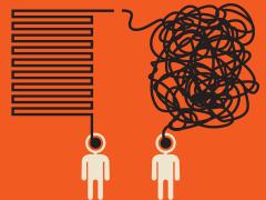 Illustratie van twee abstracte figuren: de linker heeft een spraakballon met rechte lijnen, bij de rechter staat een wirwar van lijnen.