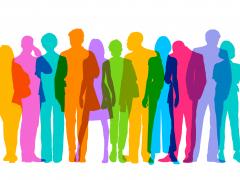 Illustratie van overlappende silhouetten van verschillende mensen in verschillende kleuren.