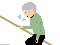 Illustratie van een persoon met grijs haar die puffend de trap op loopt.