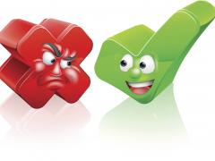 Een rood kruis en een groen vinkje.