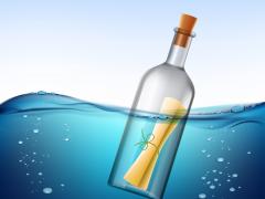 Een opgerolde brief in een lege wijnfles drijft in het water.