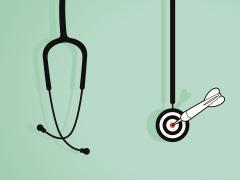 Een stethoscoop waarvan het hoorgedeelte een bulls-eye is voor darts 