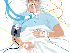 Illustratie van een patiënt gekoppeld aan infusen en beademing