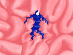 Illustratie van darmen met een mannetje ertussen