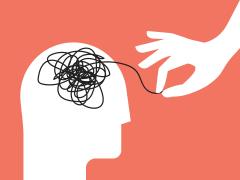 Illustratie van een hoofd met een kluwe garen 