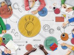 Illustratie van een tafel teksten erop en mensen eromheen