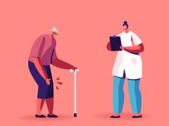 Illustratie van oude man met stok met zorgverlener