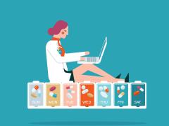 Illustratie van een vrouw achter haar laptop zittend op een pillendoos