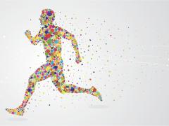 Illustratie van rennende man die uit bolletjes bestaat