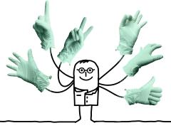 Illustratie van getekend poppetje met 6 chirurgenhanden