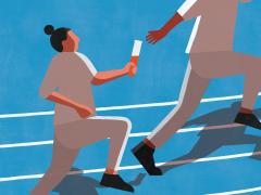 Mensen die rennen en stokje overgeven