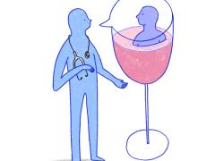 Illustratie van 2 mannen waarvan er een in een glas wijn zit