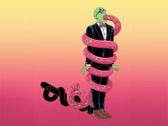 Illustratie: man verstrengeld in eigen tong 