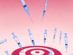 Illustratie: Injectienaalden op een dartbord