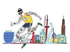 Illustratie van getatoeëerde man die een marathon rent langs de skyline van Rotterdam