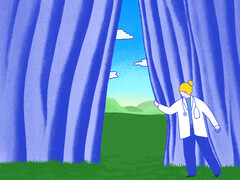 Iemand die bij een theatergordijn staat