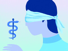 Illustratie van geblinddoekt iemand met een escuplaap voor zich