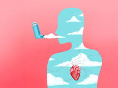 Silhouet van een mens gevuld met wolken die een inhaler inhaleert.