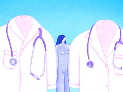 Illustratie van doktersjassen met daar tussenin een vrouw