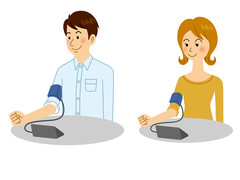 Illustratie van een man en een vrouw waarvan de bloeddruk gemeten wordt