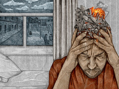 Illustratie van een man met de handen in het haar