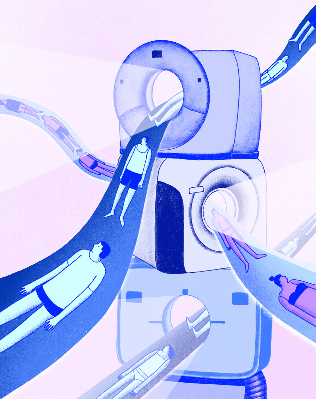 Illustratie van mensen die in een scanapparaat liggen